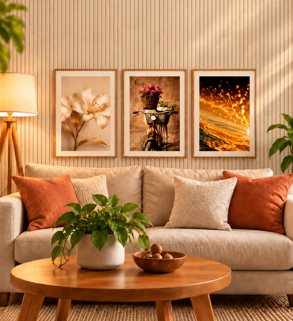 Sala com papel de parede ripado claro de madeira na parede, três quadros pendurados (lírios creme e dourados, bicicleta vintage com flores e onda abstrata dourada), sofá bege com almofadas terracota, luminária de tripé acesa e mesa de centro redonda com planta
